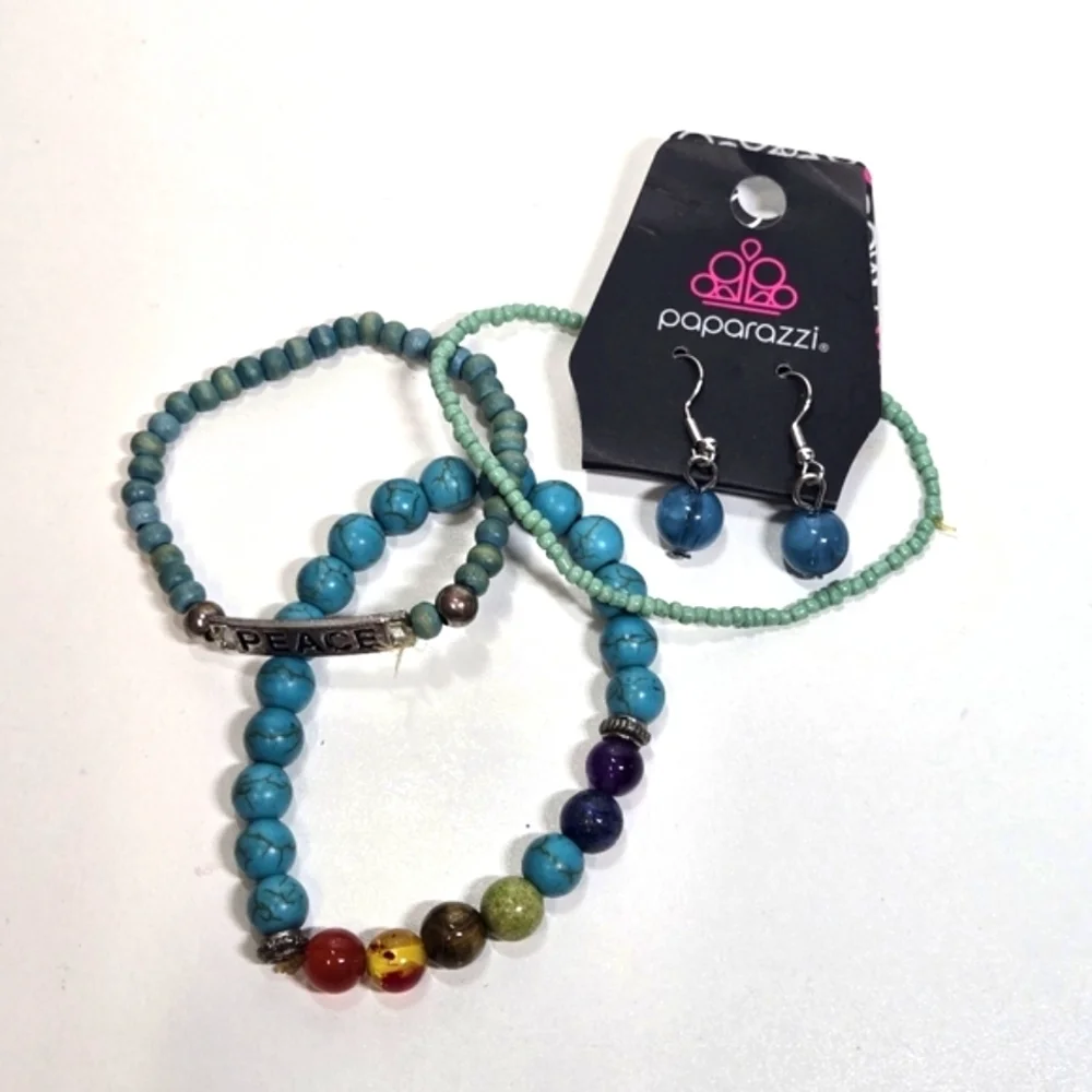 Chakra Stone Bracelet Bundle Gemstone Wood Seedbeads Turquoise Acrylic Earrings - Picture 6 of 6
